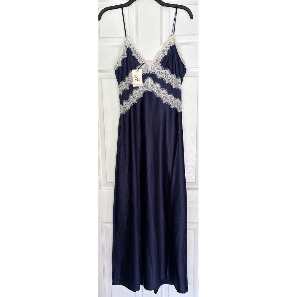 Sincerely Jules M Satin Maxi Slip Dress Navy Lace Trim Romantic Goth Boudoir